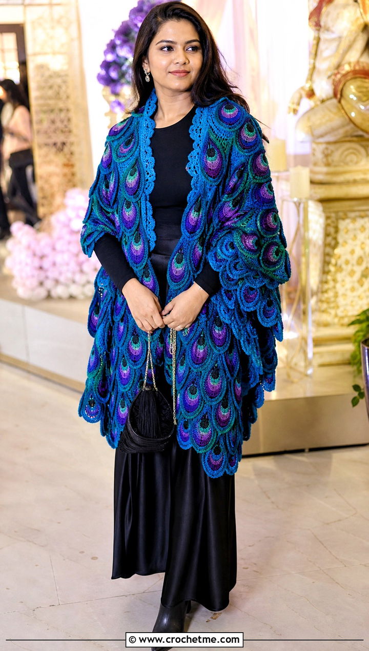 Peacock Wing Crochet Shawl With Maxi Skirt - 30 crochet feather shawl outfit ideas
