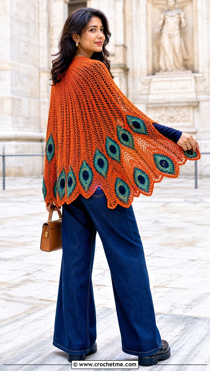 Peacock Wing Shawl With Wide Leg Jeans - 30 Crochet Wing Shawl outfit ideas