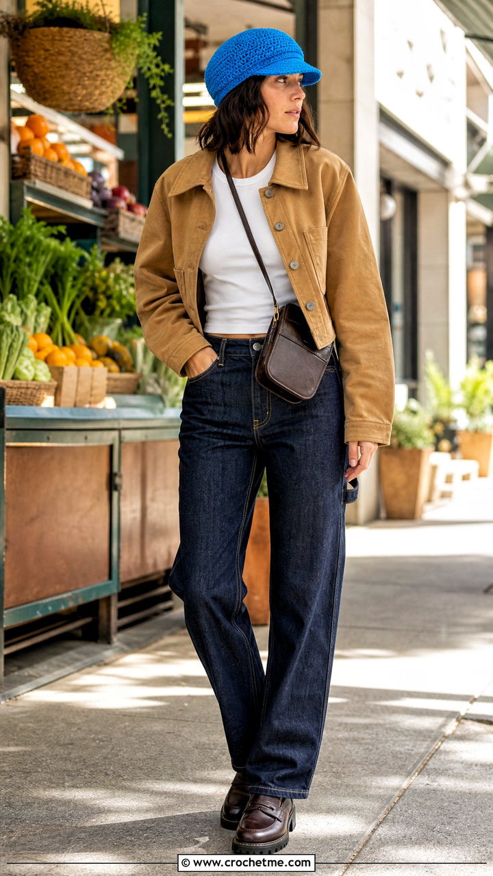 Peaked Crochet Cap With Work Jacket And Carpenter Jeans - 35 crochet caps outfit ideas
