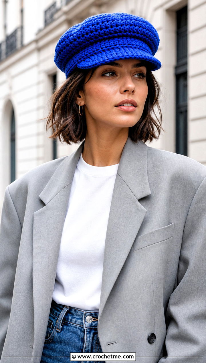 Peaked Crochet Police Hat With Blazer And Jeans - 30 crochet police hat outfit ideas