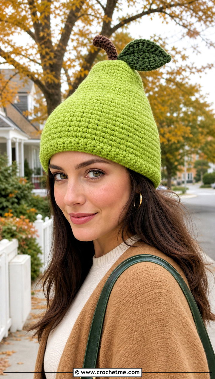 Pear Crochet Beanie With Long Cardigan - 30 crochet fruit beanie outfit ideas