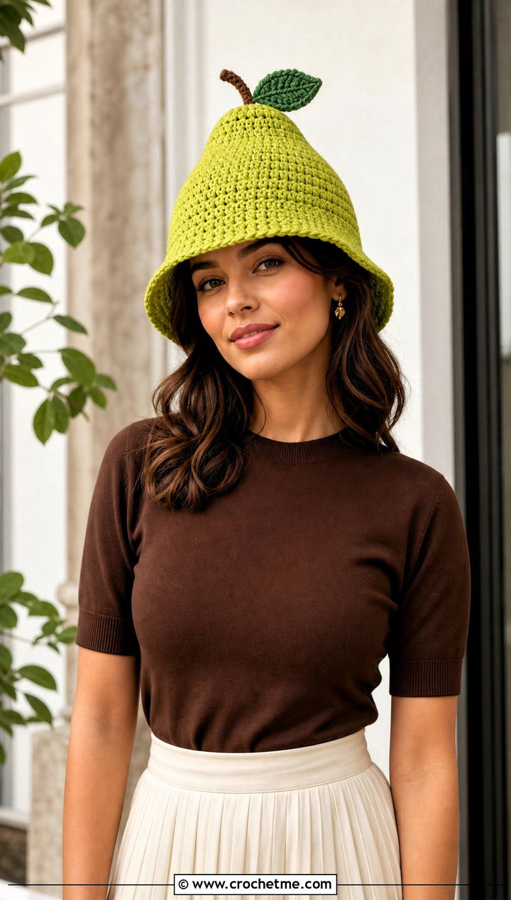 Pear Crochet Fruit Bucket Hat With Pleated Midi Skirt - 25 crochet fruit bucket hat outfit ideas