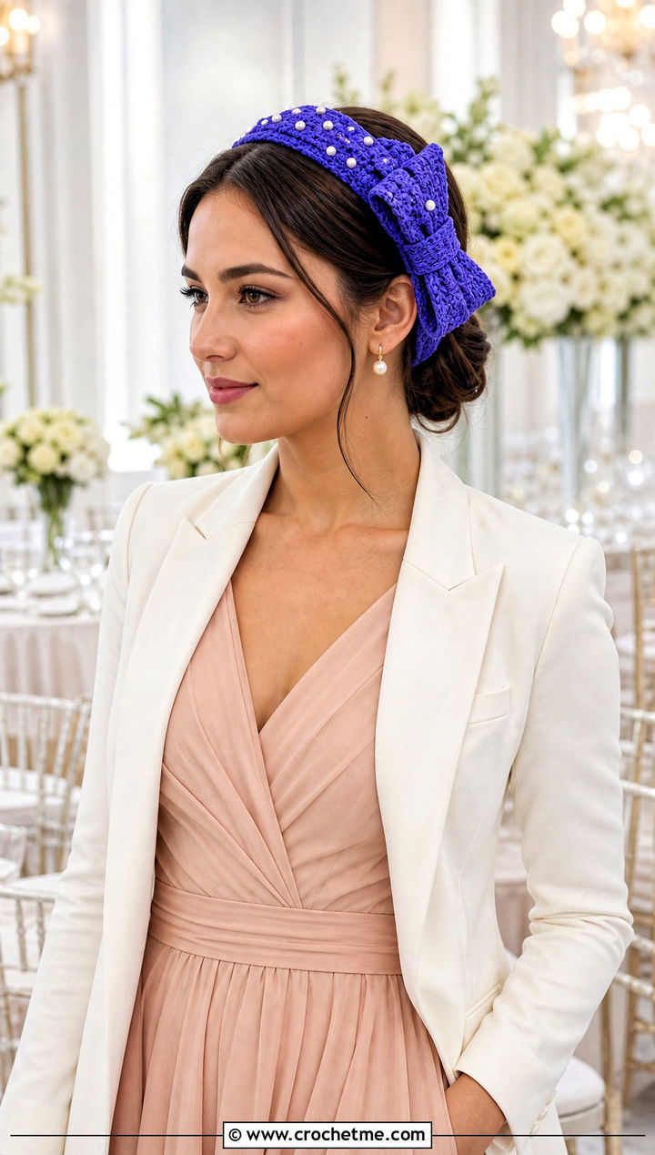 Pearl Accent Crochet Bow Headband With Midi Dress And Blazer - 30 crochet headband with bow outfit ideas