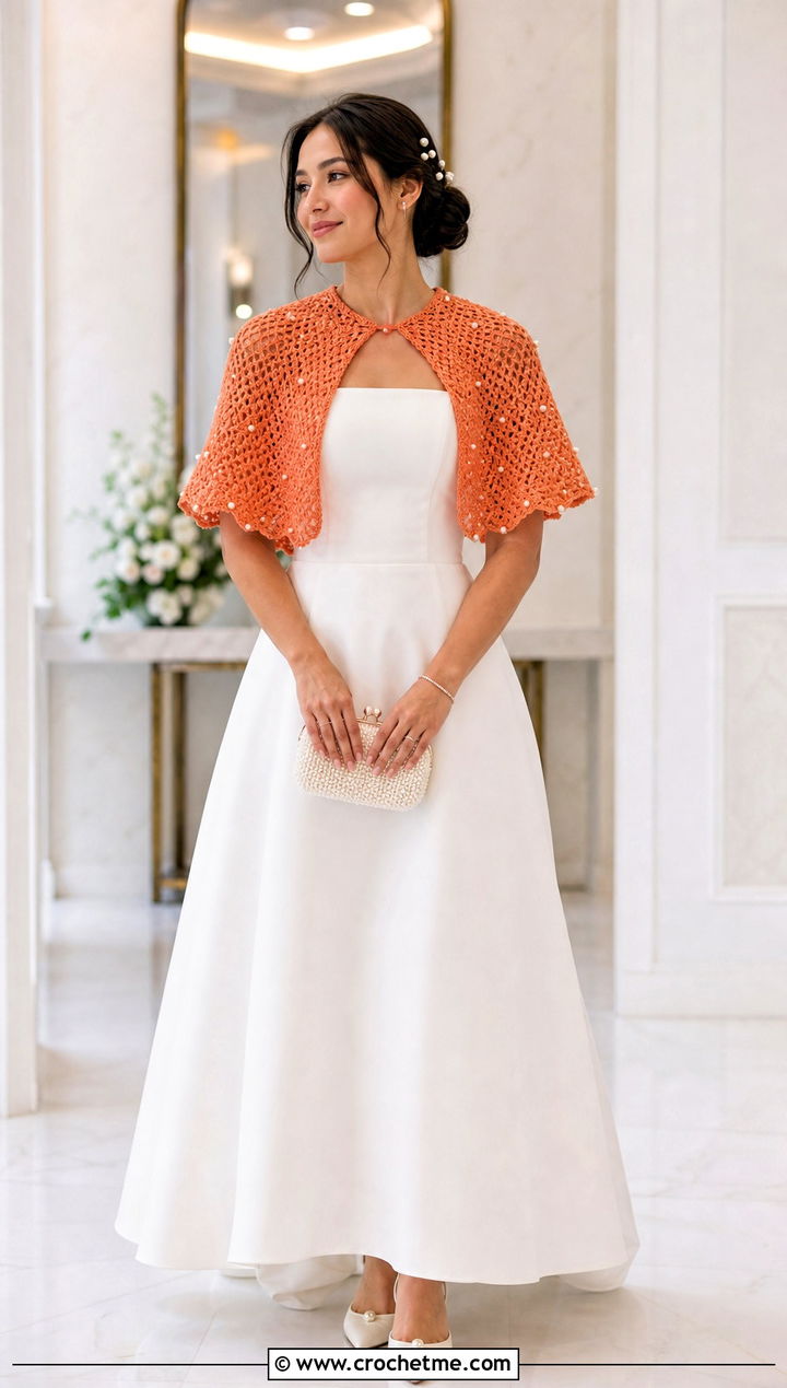 Pearl Beaded Crochet Cape With Square Neck Gown - 25 Crochet Wedding Cape outfit ideas
