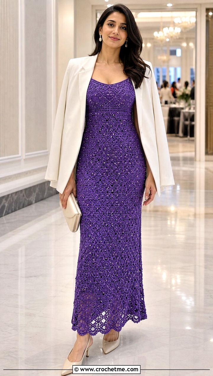 Pearl Beaded Crochet Slip Dress With Cape Blazer - 25 crochet slip dress outfit ideas