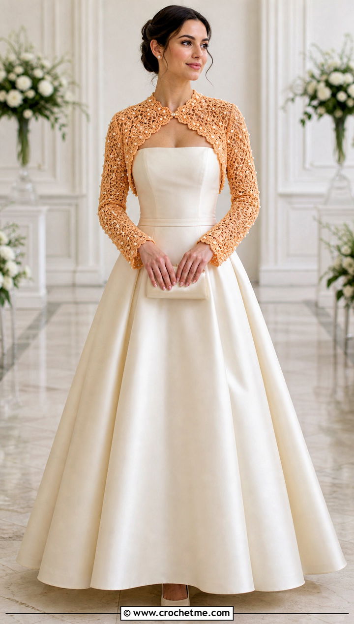 Pearl Beaded Crochet Wedding Bolero With Strapless Gown - 25 Crochet Wedding Bolero outfit ideas