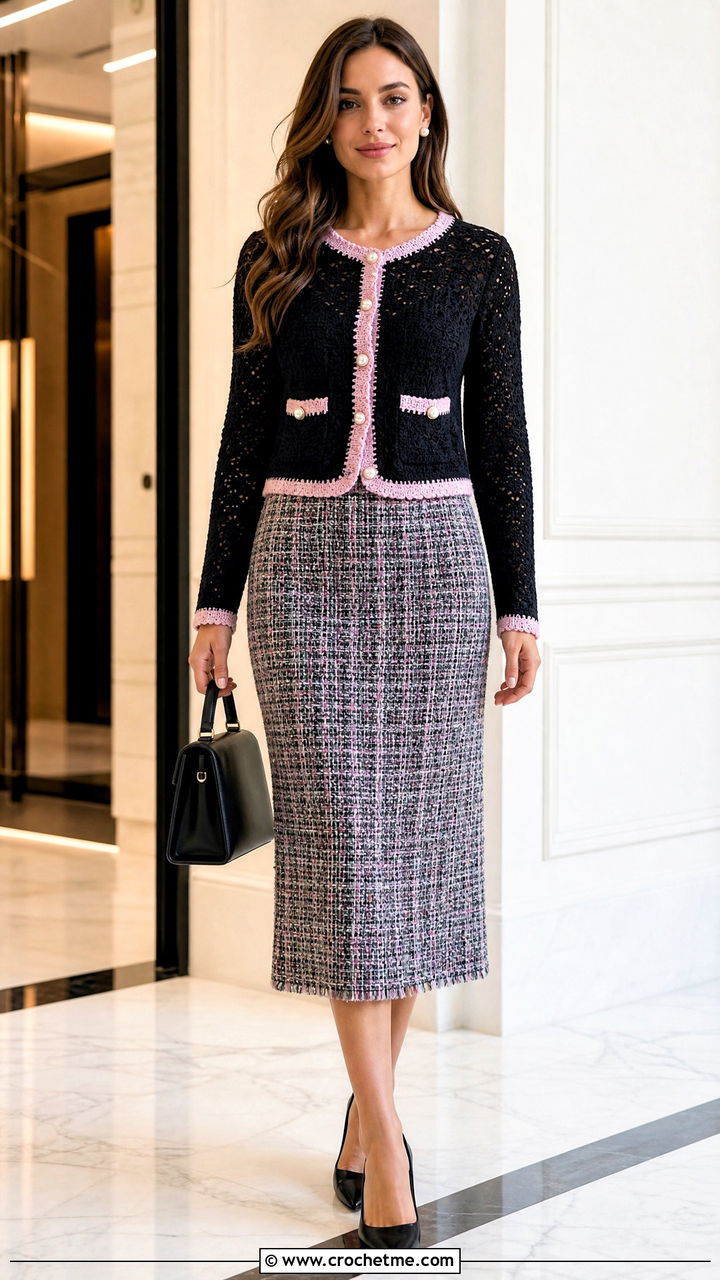 Pearl Button Black Crochet Cardigan With Tweed Skirt - 35 black crochet cardigan outfit ideas