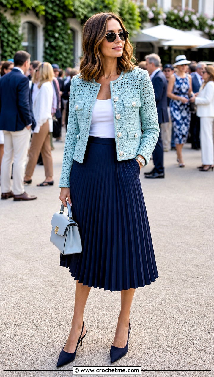 Pearl Button Crochet Chanel Jacket With Pleated Midi Skirt - 30 crochet chanel jacket outfit ideas