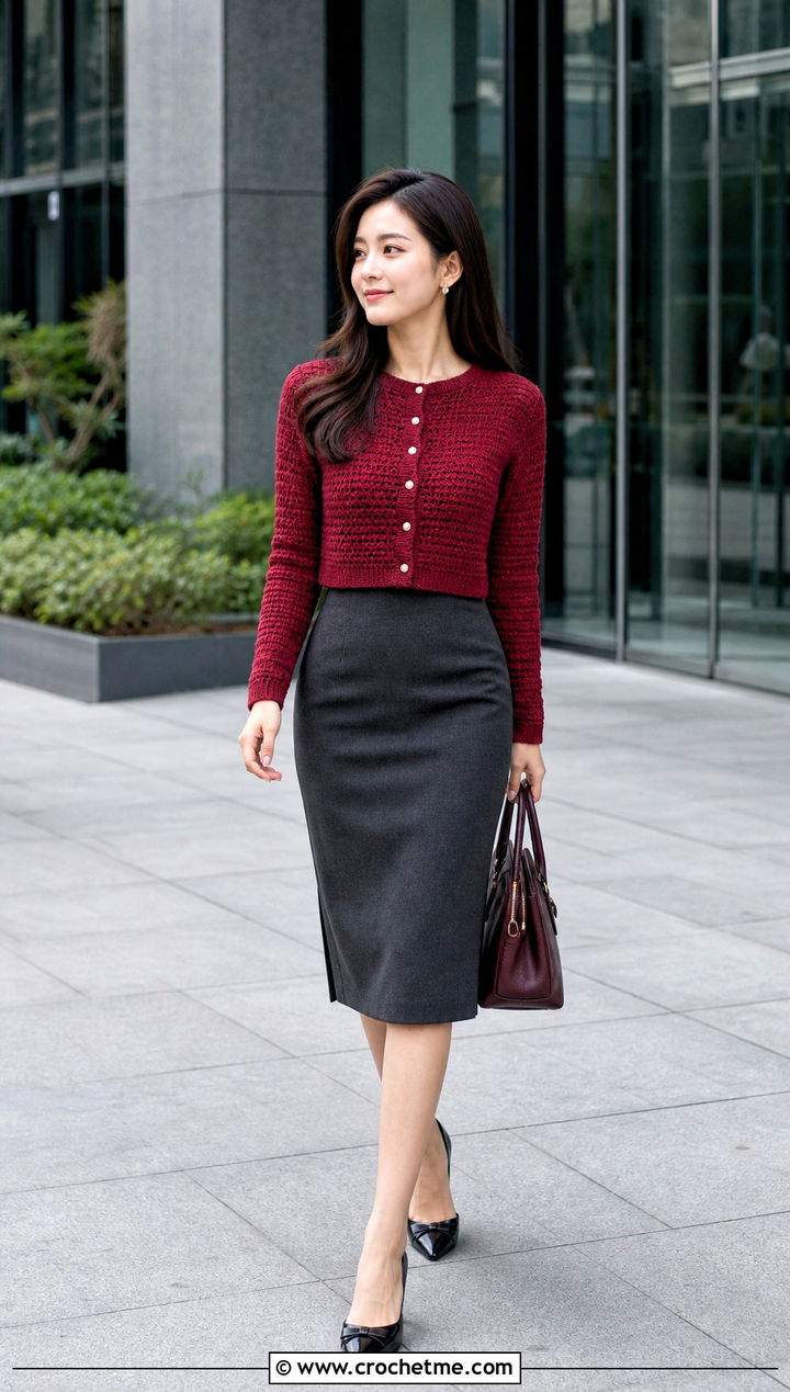 Pearl Button Cropped Crochet Cardigan With Pencil Skirt - 35 cropped crochet cardigan outfit ideas