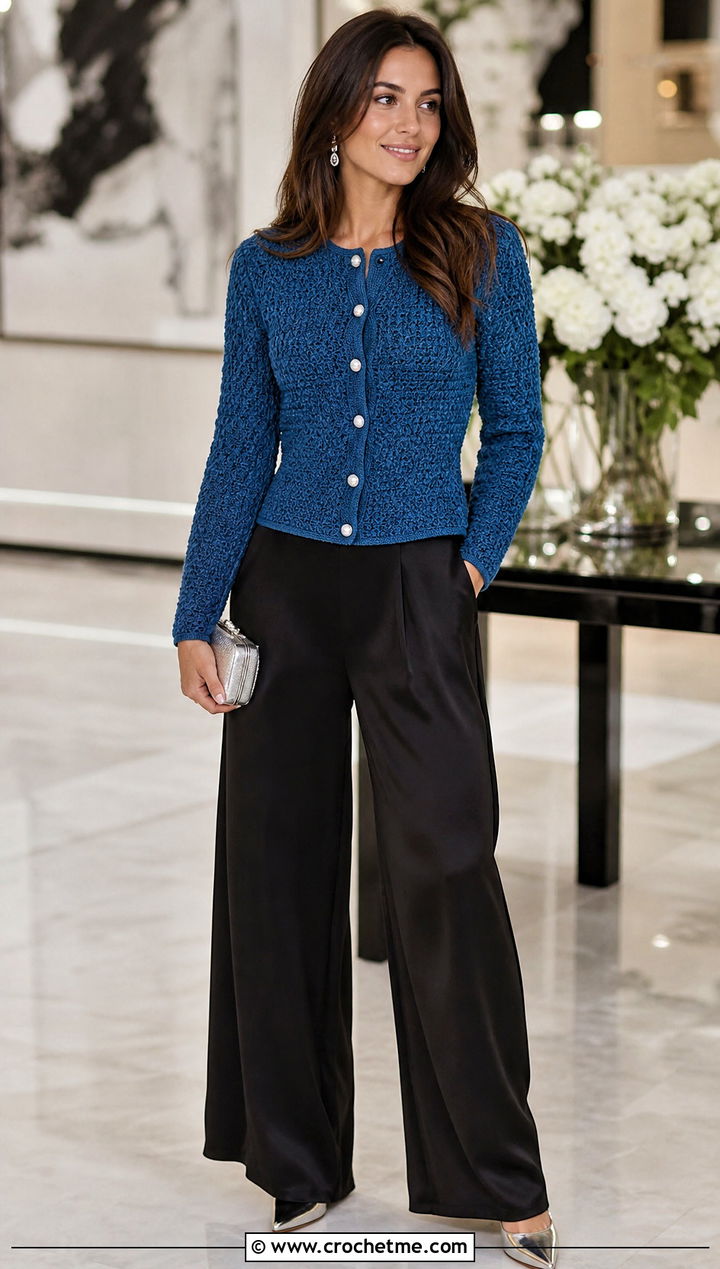 Pearl Button Moss Stitch Cardigan With Wide Leg Party Pants - 30 crochet moss stitch cardigan outfit ideas