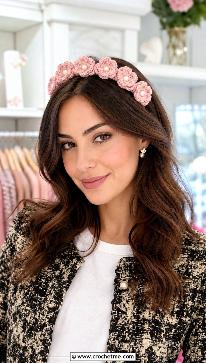 Pearl Center Flower Headband With Tweed Jacket And Jeans - 30 crochet headband with flower outfit ideas