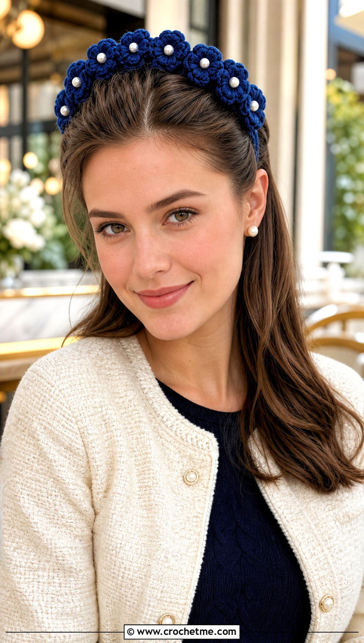 Pearl Center Puff Flower Headband With Tweed Jacket - 25 crochet puff flower headband outfit ideas