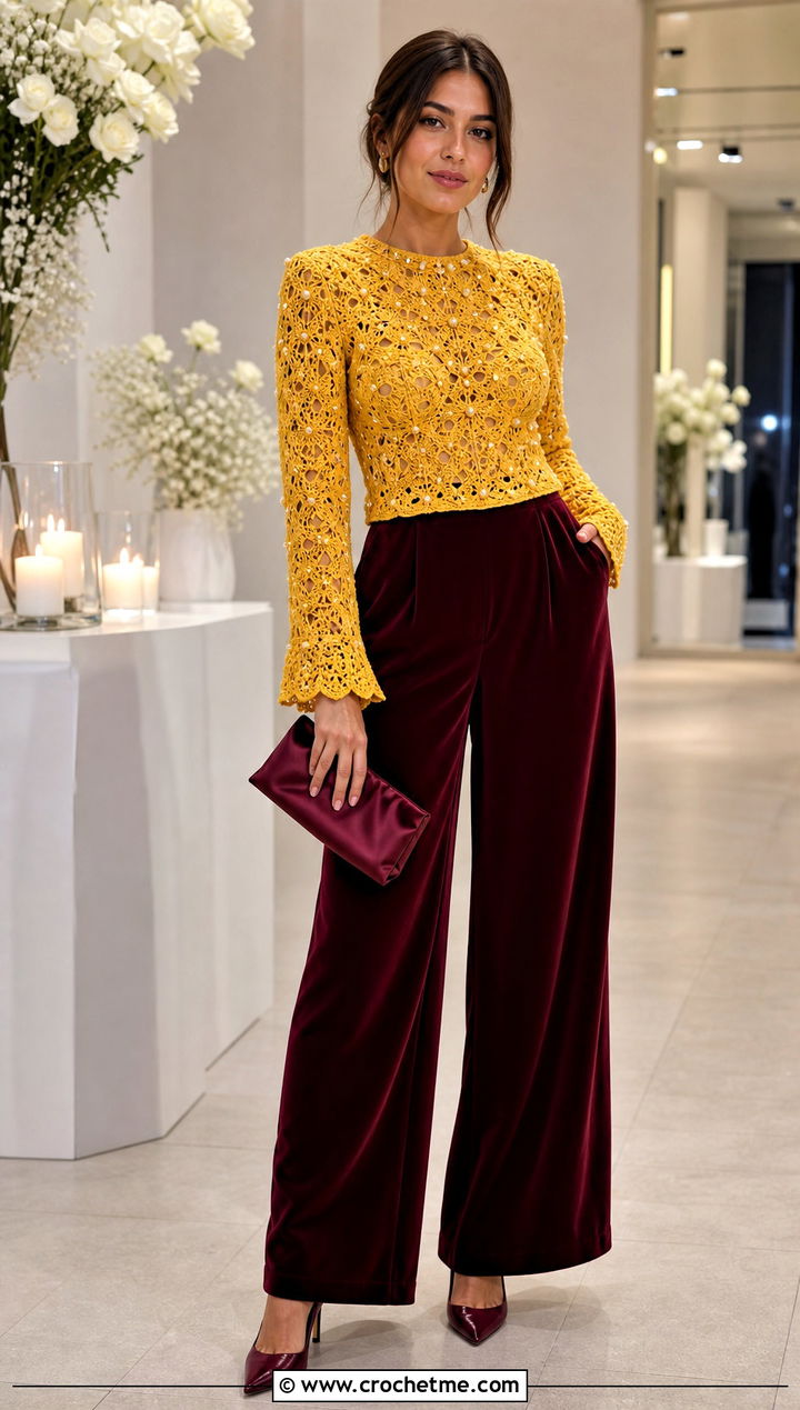 Pearl Embellished Crochet Blouse With Velvet Trousers - 15 pearl embellished crochet top outfit ideas