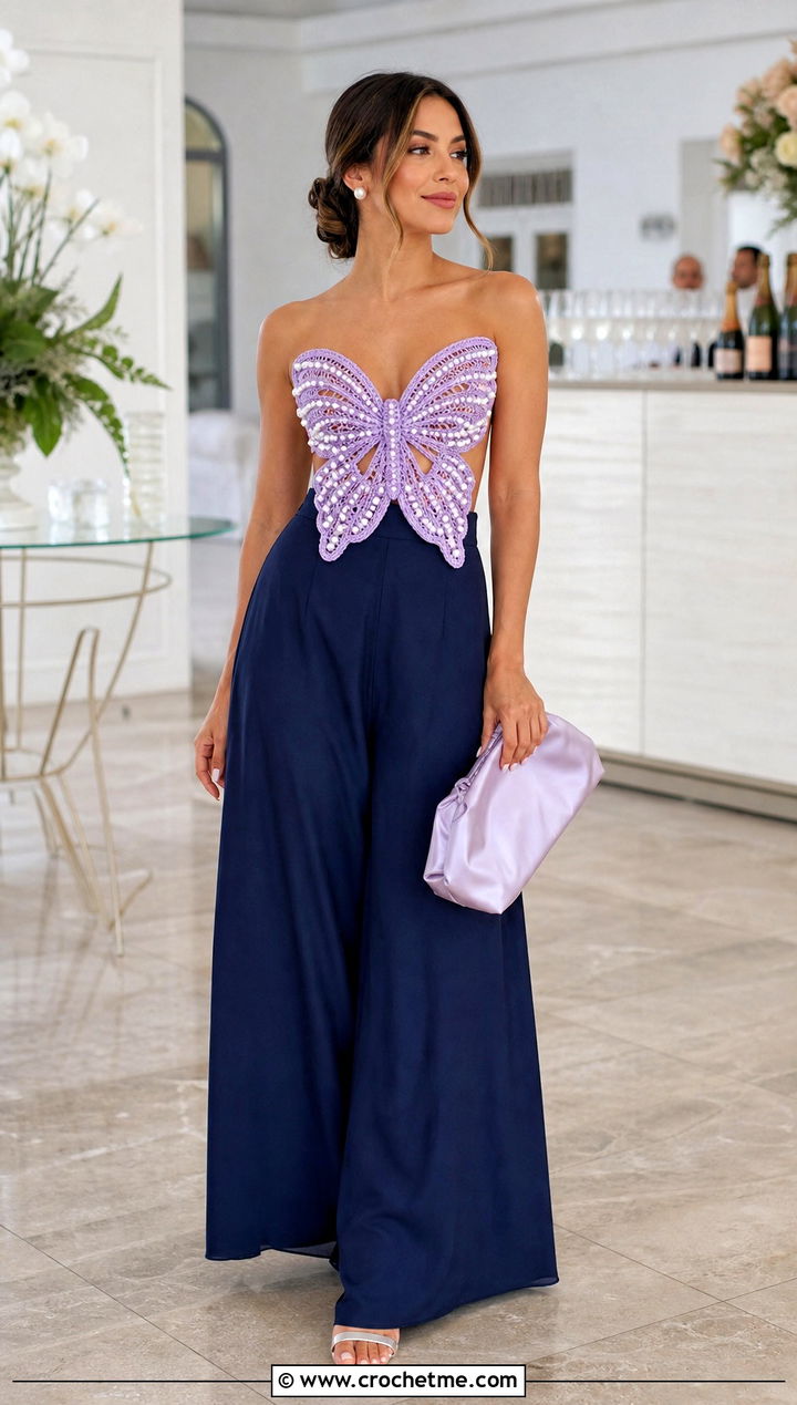 Pearl Embellished Crochet Butterfly Top With Palazzo Pants - 35 Crochet Butterfly Top outfit ideas