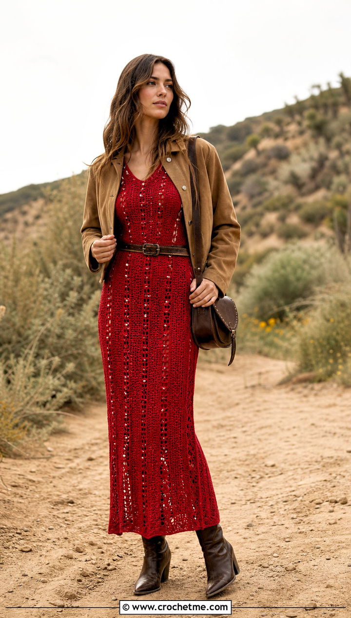Pearl Embellished Crochet Column Dress With Suede Jacket - 15 Pearl Embellished Crochet Dress outfit ideas