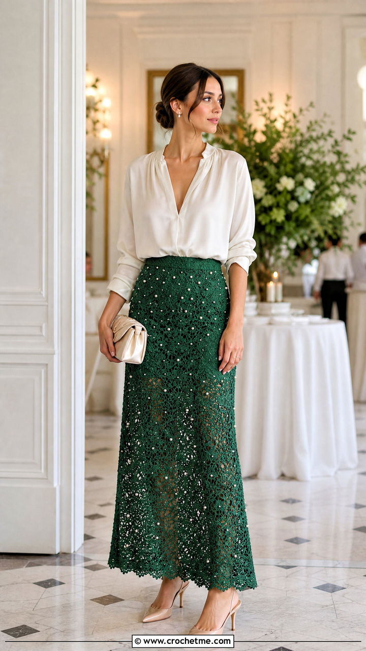 Pearl Embellished Crochet Maxi Skirt With Silk Blouse - 35 crochet flowy skirt outfit ideas
