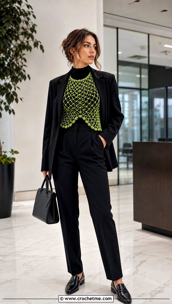 Pearl Embellished Crochet Mesh Top With Blazer And Trousers - 15 pearl embellished crochet top outfit ideas