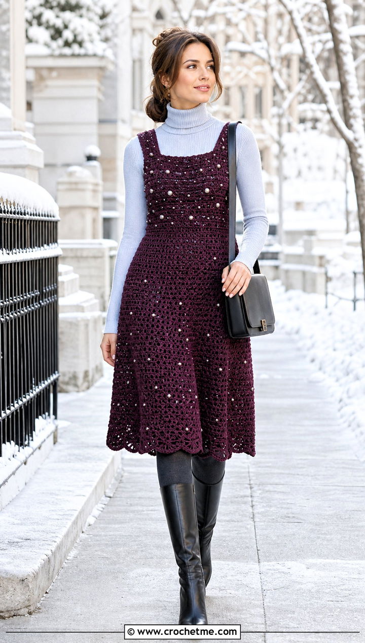 Pearl Embellished Crochet Pinafore Dress With Turtleneck - 15 Pearl Embellished Crochet Dress outfit ideas