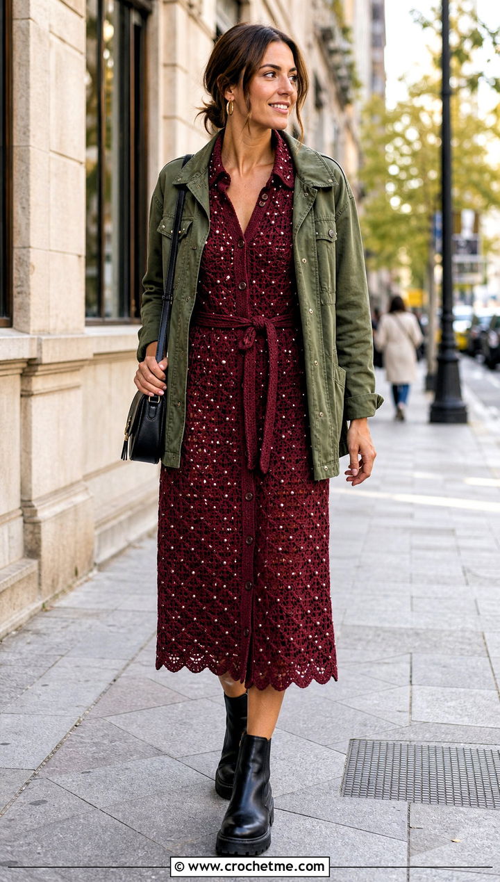 Pearl Embellished Crochet Shirt Dress With Utility Jacket - 15 Pearl Embellished Crochet Dress outfit ideas