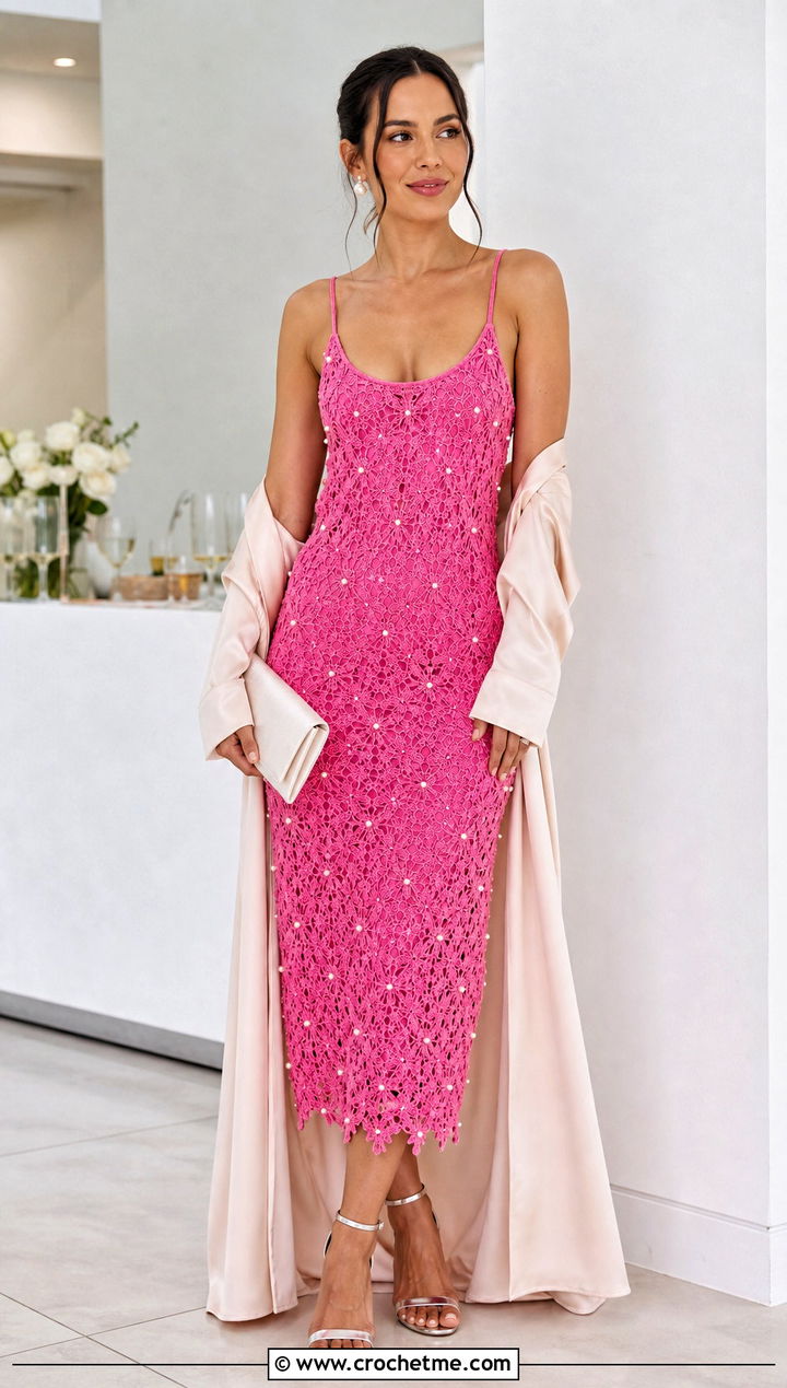 Pearl Embellished Crochet Slip Dress With Satin Duster - 15 Pearl Embellished Crochet Dress outfit ideas