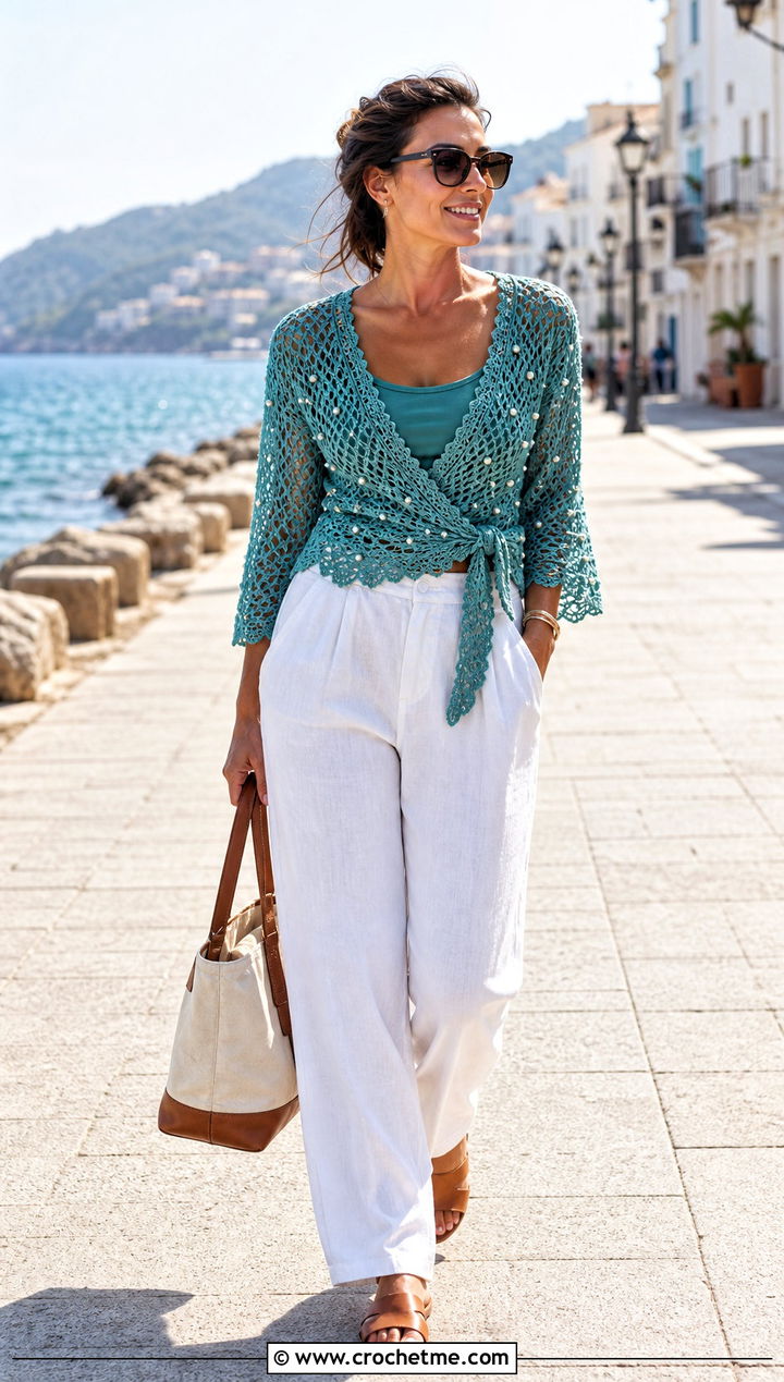 Pearl Embellished Crochet Wrap Top With Linen Pants - 15 pearl embellished crochet top outfit ideas