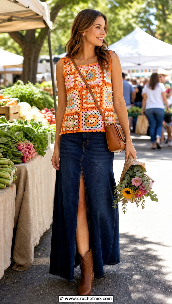 Pearl Embellished Granny Square Top With Denim Maxi Skirt - 15 pearl embellished crochet top outfit ideas