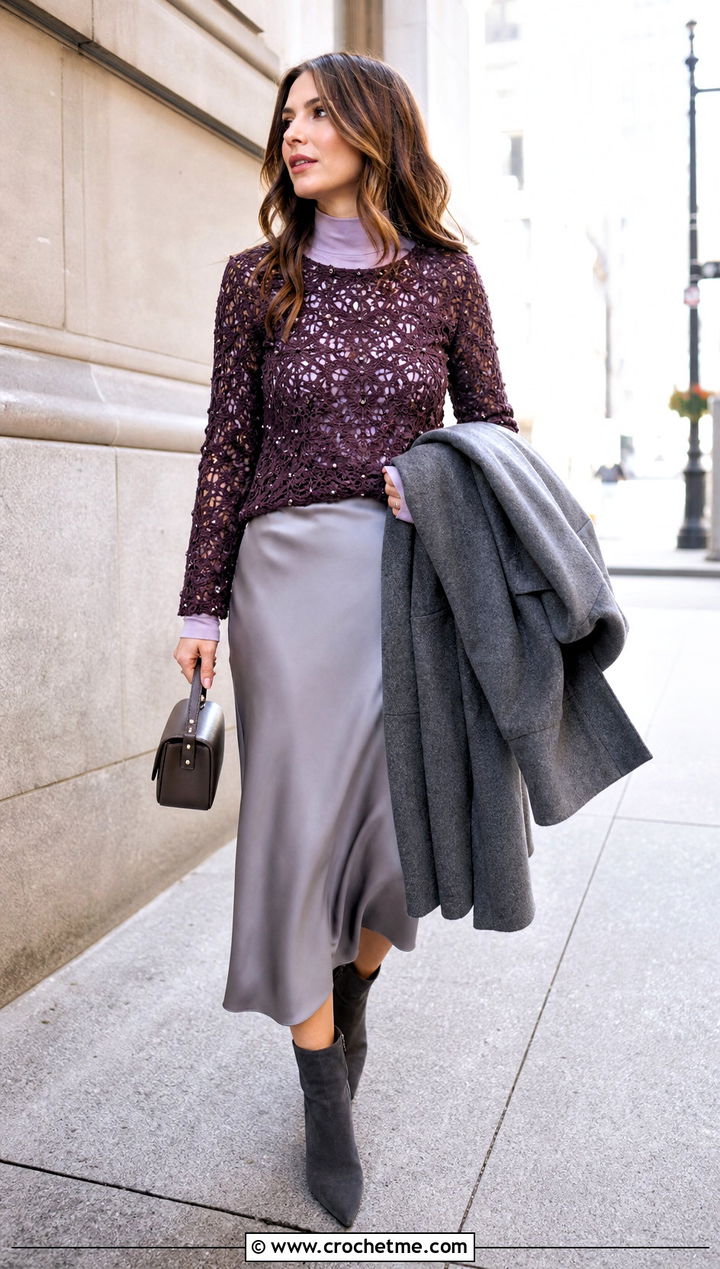Pearl Embellished Long Sleeve Crochet Top With Slip Skirt - 15 pearl embellished crochet top outfit ideas