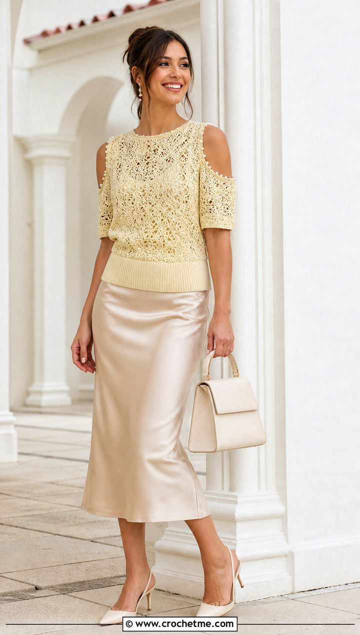Pearl Lace Crochet Cold Shoulder Top With Satin Midi Skirt - 35 crochet cold shoulder top outfit ideas