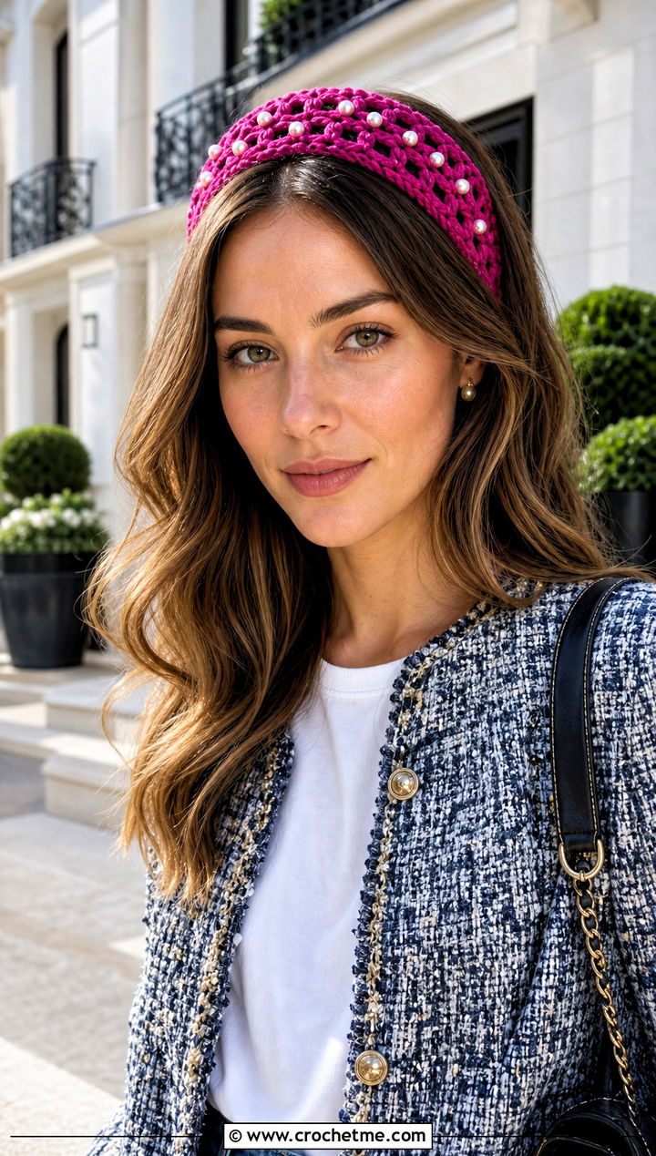 Pearl Lace Crochet Headband With Tweed Jacket And Jeans - 30 lace crochet headband outfit ideas