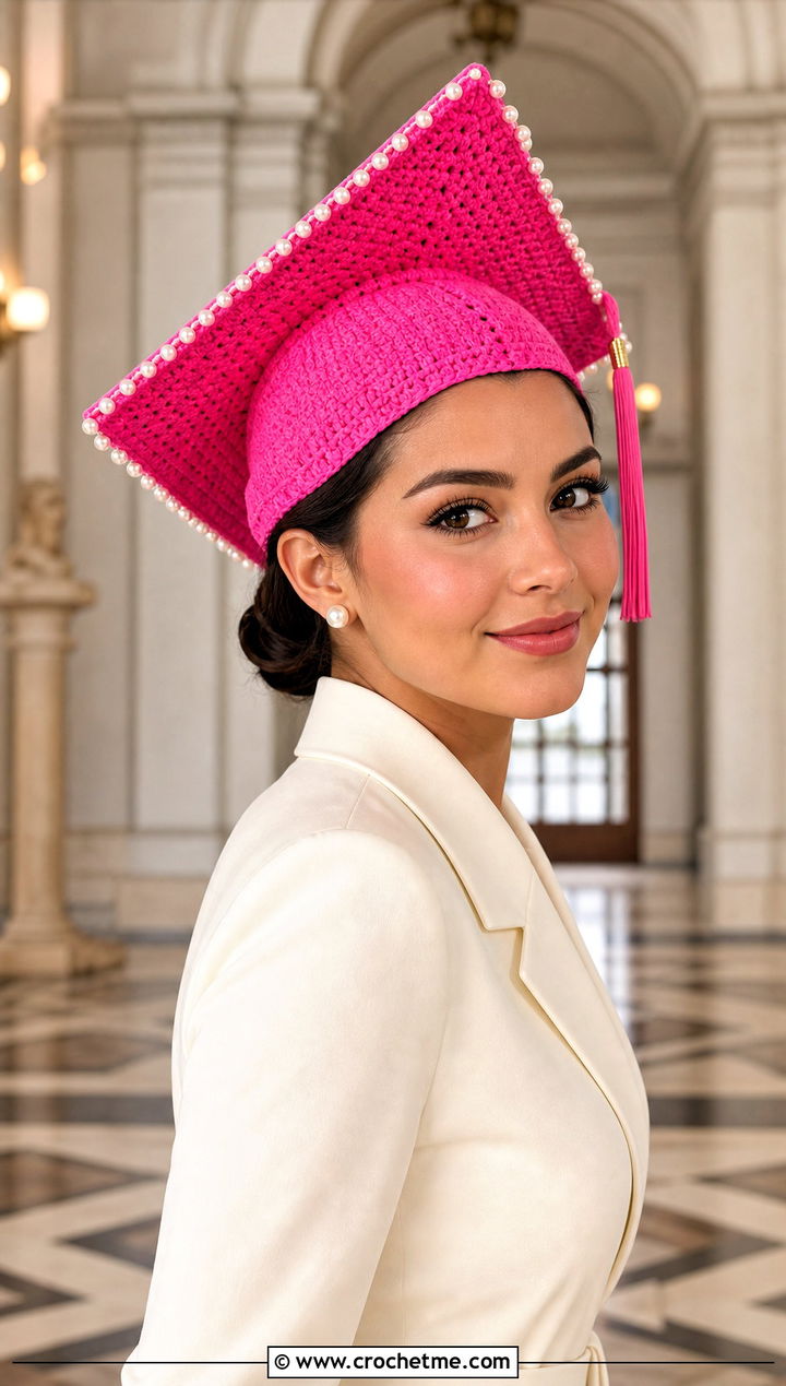 Pearl Trim Crochet Graduation Cap Cover With Blazer Dress - 30 crochet graduation cap cover outfit ideas