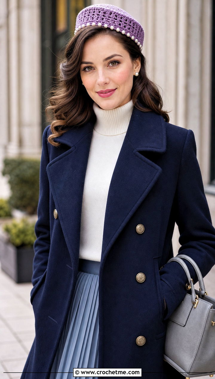 Pearl Trim Crochet Pillbox Hat With Peacoat And Pleated Skirt - 25 crochet pillbox hat outfit ideas