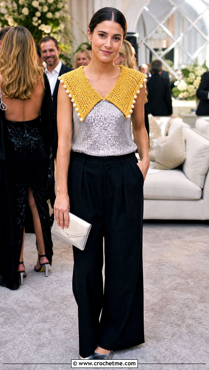 Pearl Trim Crochet Sailor Collar With Sequin Top And Trousers - 30 crochet sailor collar outfit ideas