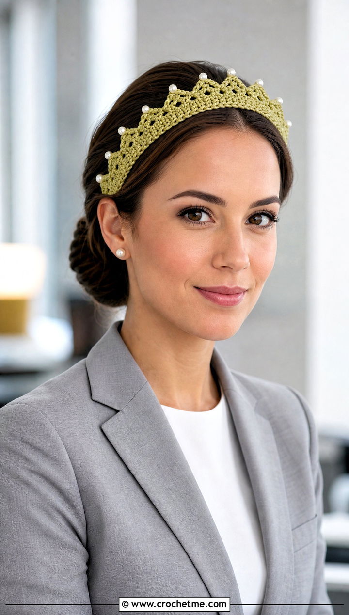Pearl Trim Crochet Tiara Headband With Blazer And Trousers - 30 crochet tiara headband outfit ideas