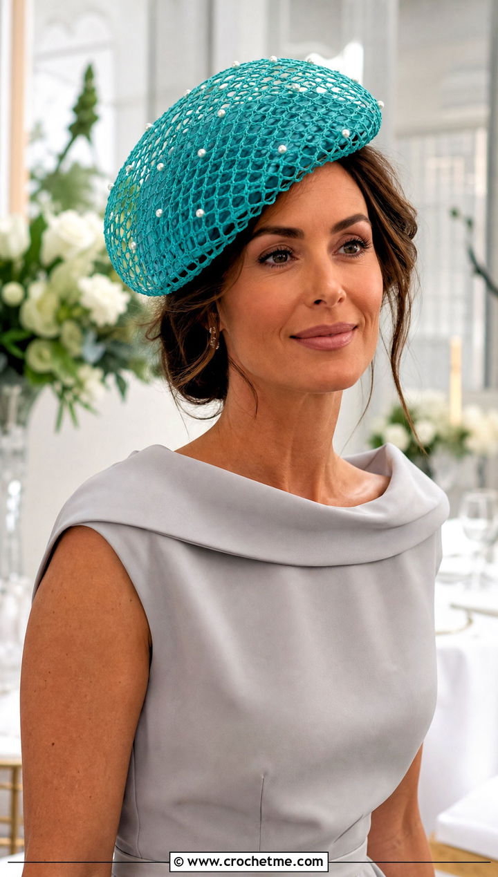 Pearl Trim Net Hat With Wide Leg Jumpsuit - 25 crochet net hat outfit ideas