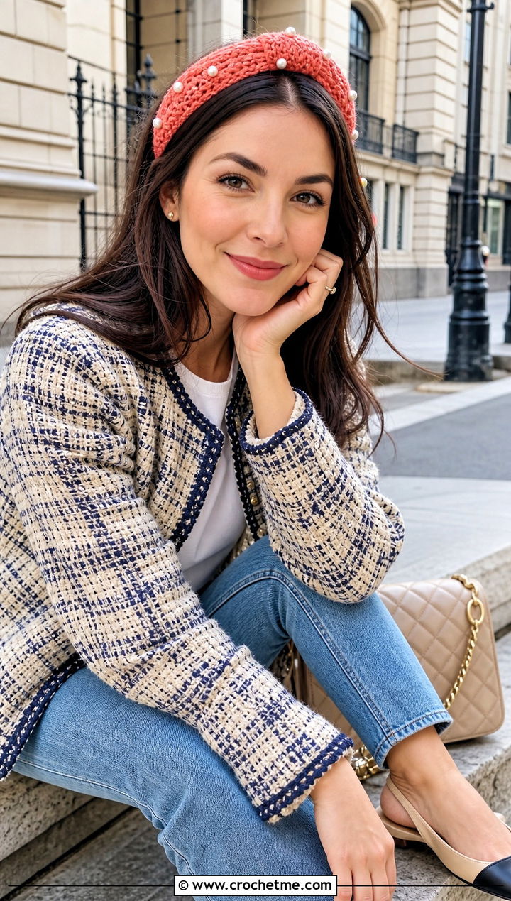 Pearl Trim Triangle Headband With Tweed Jacket And Jeans - 30 crochet triangle headband outfit ideas