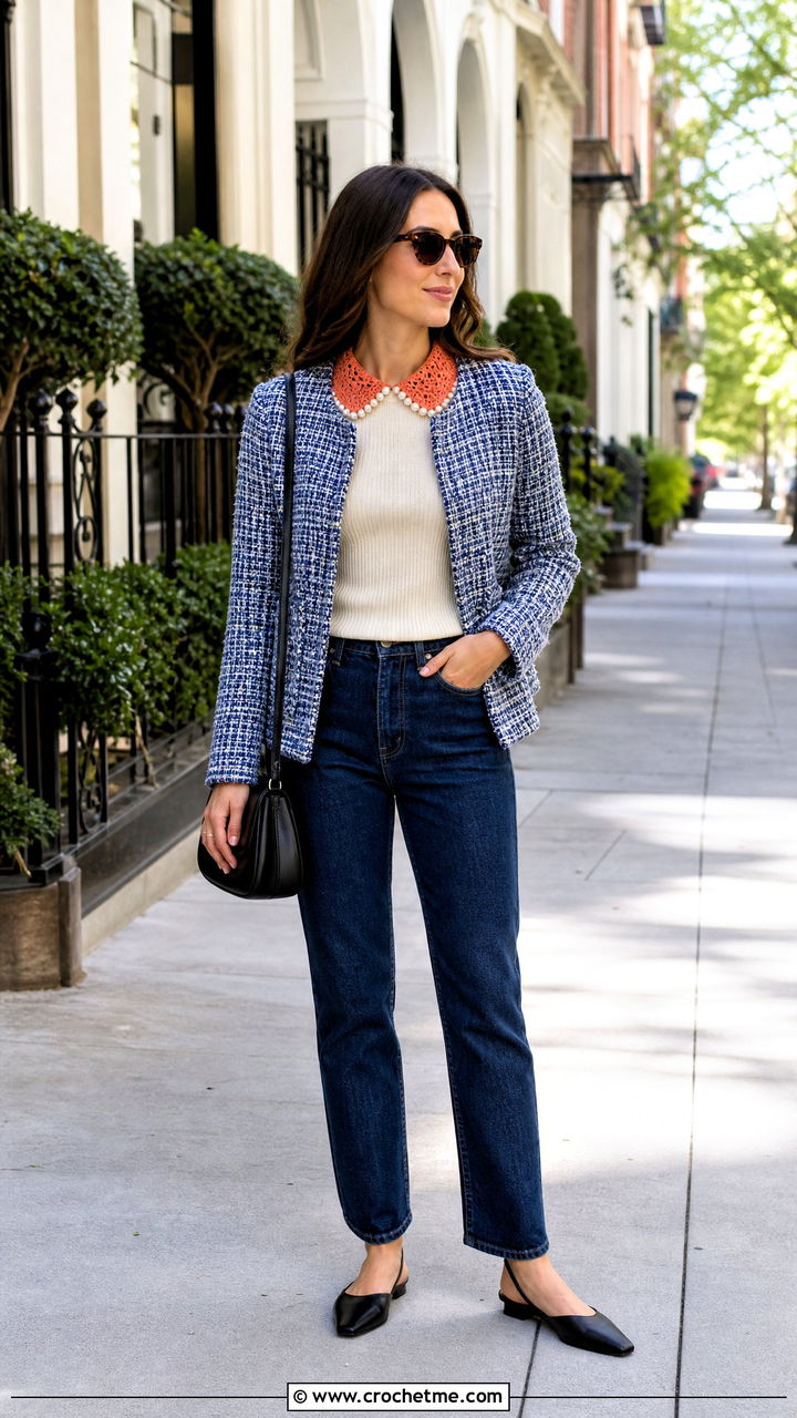 Pearl Trimmed Crochet Collar With Tweed Jacket And Jeans - 35 crochet collar outfit ideas