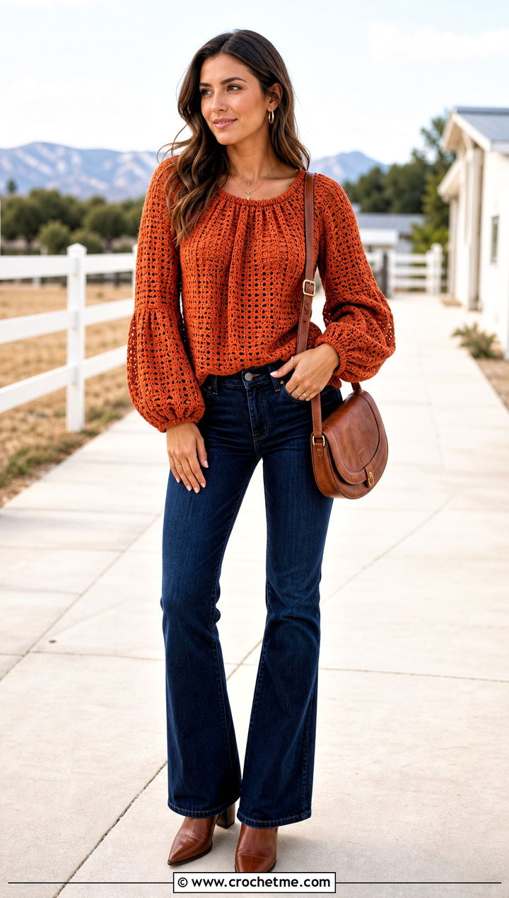 Peasant Sleeve Crochet Top With Bootcut Jeans - 35 crochet tops with sleeves outfit ideas