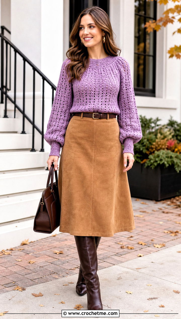 Peasant Sleeve Crochet Top With Suede Midi Skirt - 35 crochet top sleeves outfit ideas