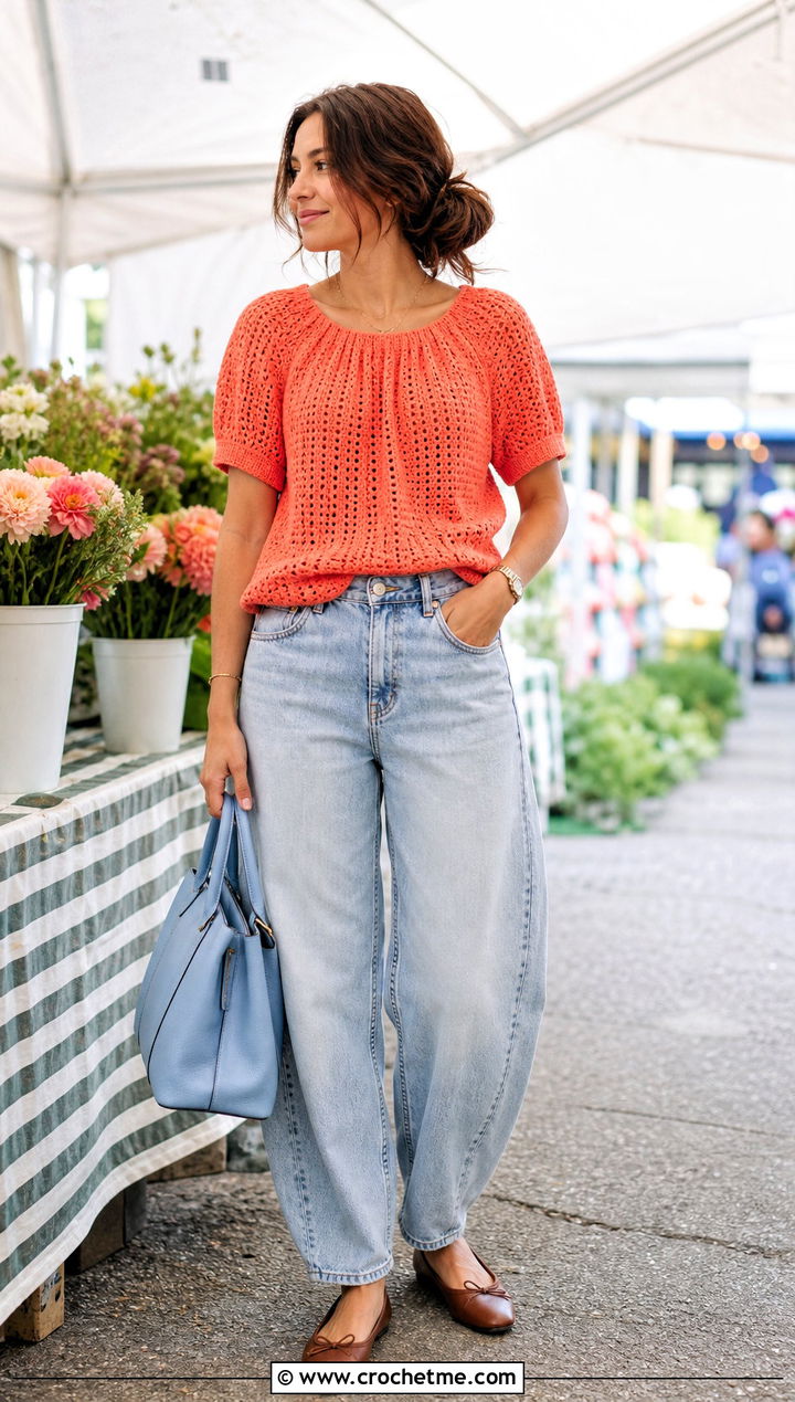 Peasant Yoke Crochet Shirt With Barrel Jeans - 15 Crochet Yoke Shirt outfit ideas