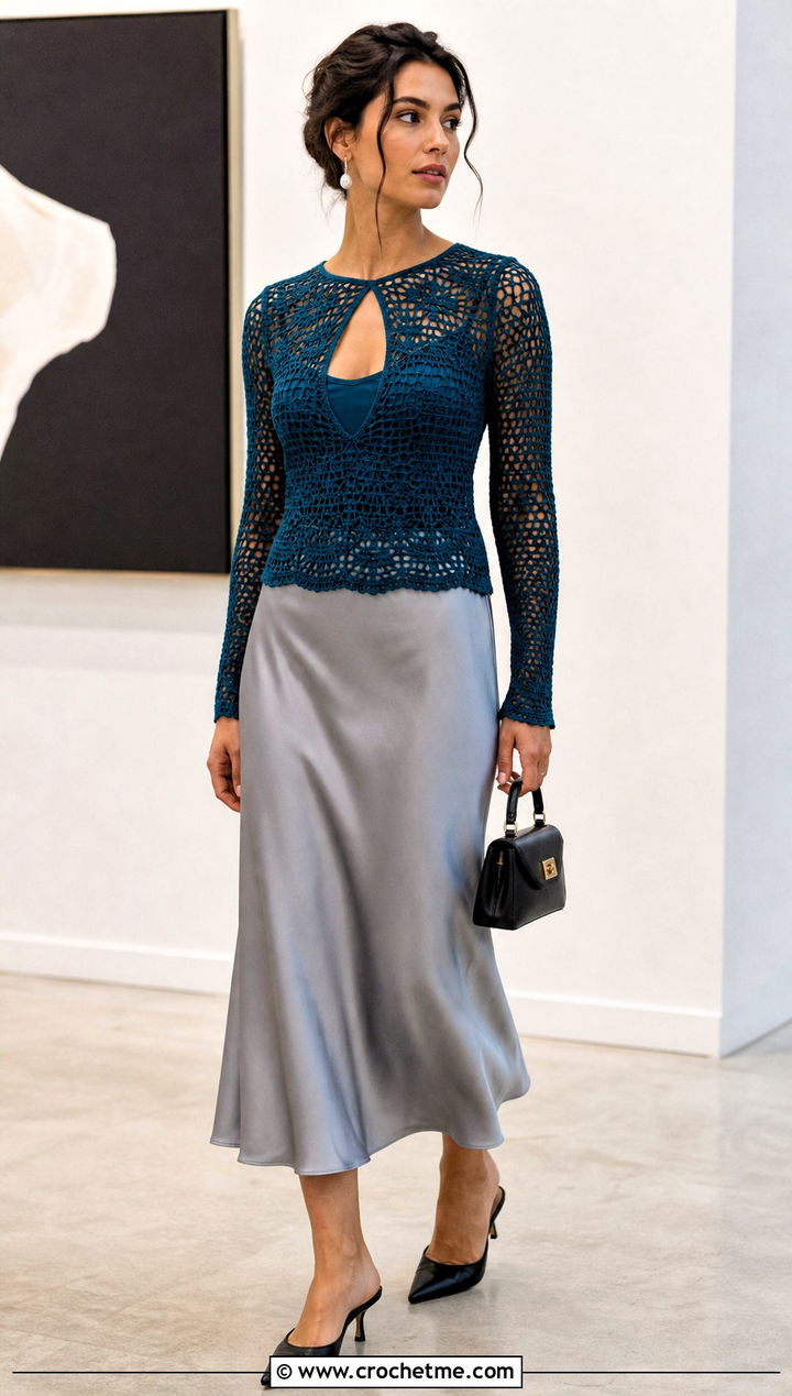 Peekaboo Crochet Keyhole Top With Satin Midi Skirt - 25 peekaboo crochet top outfit ideas