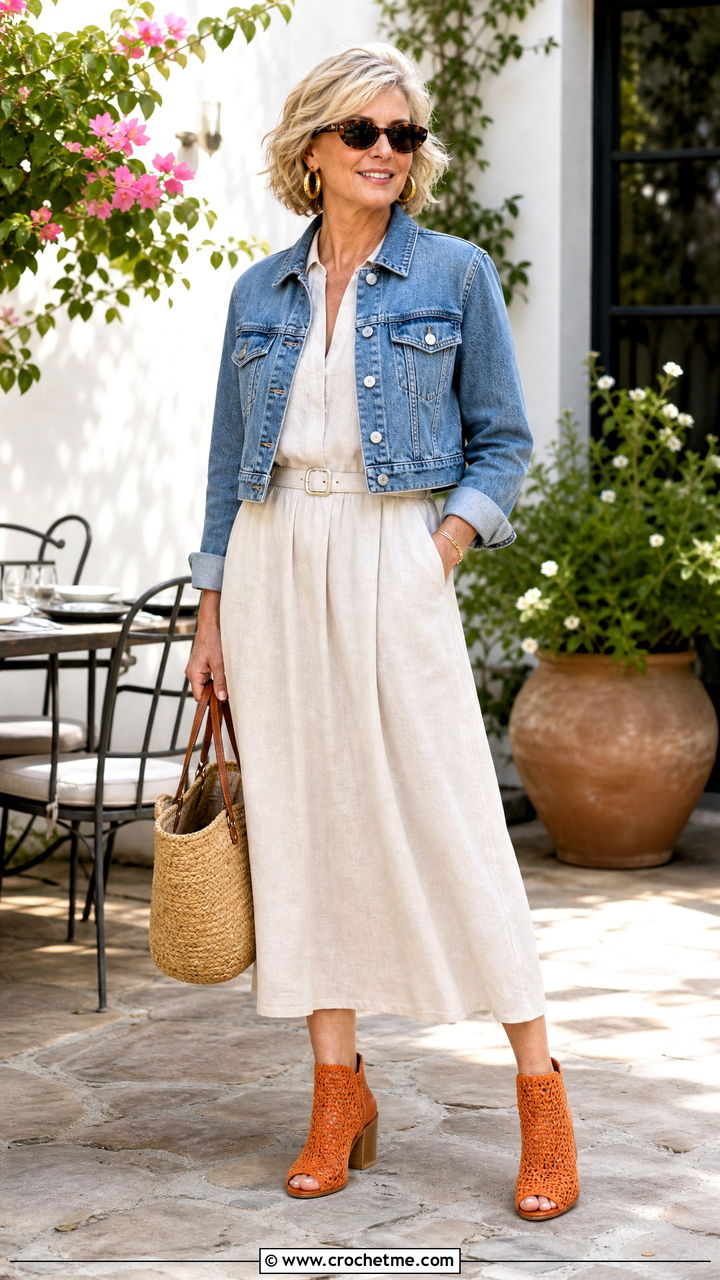 Peep Toe Crochet Booties With A Linen Midi Dress - 35 crochet booties outfit ideas