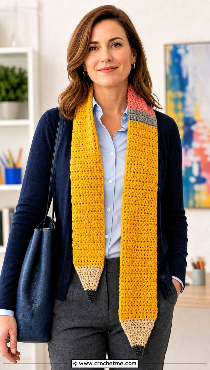 Pencil Crochet Scarf With Office Outfit - 15 Funny Crochet Scarves outfit ideas