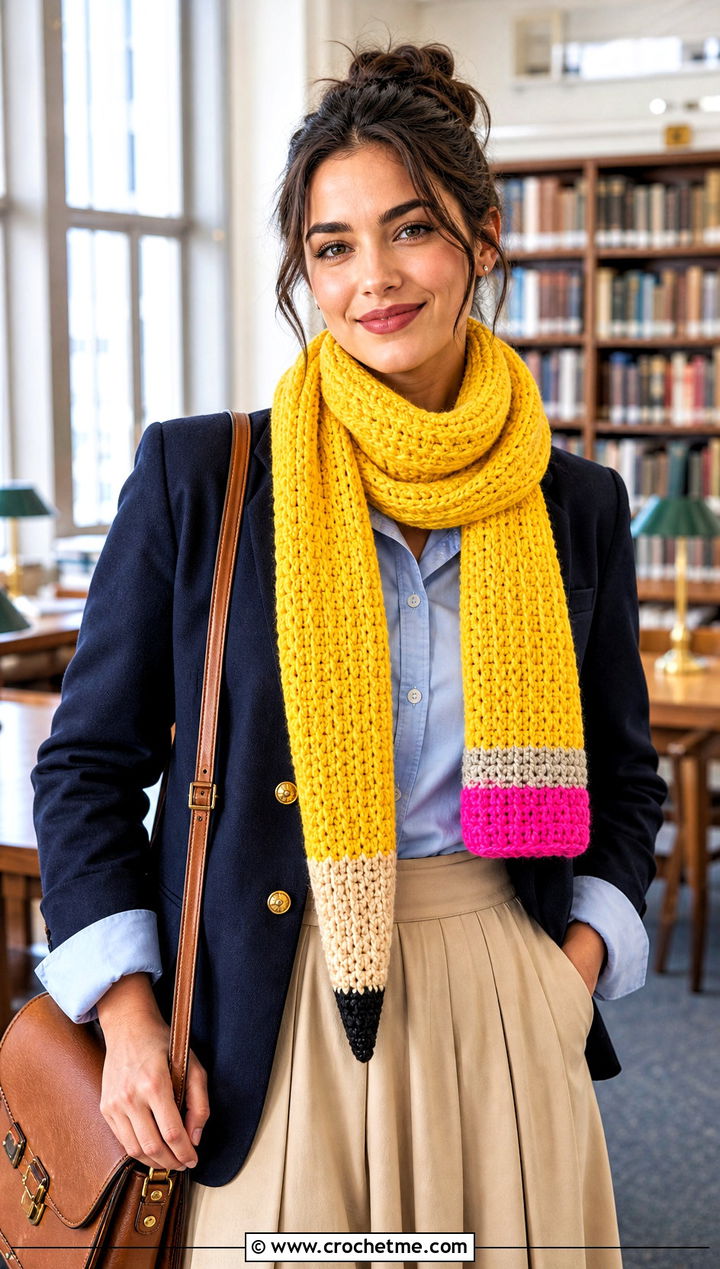Pencil Crochet Scarf With Preppy Blazer - 15 Funny Crochet Scarf outfit ideas