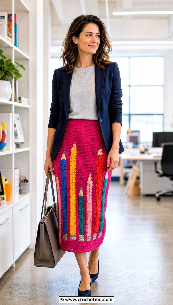 Pencil Motif Crochet Skirt With Office Blazer - 20 Funny Crochet Clothes and outfit ideas
