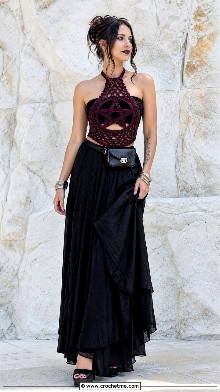 Pentagram Crochet Halter Top With Maxi Skirt - 35 goth crochet top outfit ideas