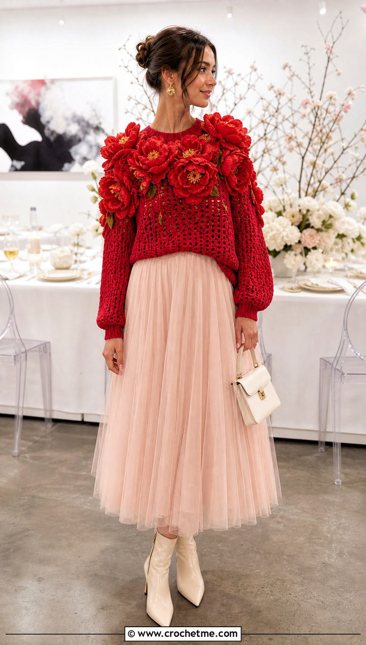 Peony Applique Sweater With Tulle Midi Skirt - 30 flower crochet sweater outfit ideas