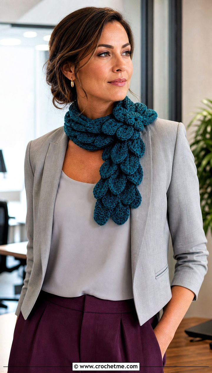 Peony Crochet Roll Up Scarf With Wide Leg Trousers - 25 Crochet Roll Up Scarf outfit ideas