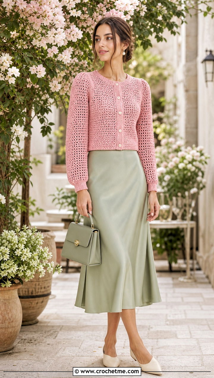 Peony Pink Crochet Cardigan With Satin Midi Skirt - 35 pink crochet outfit ideas