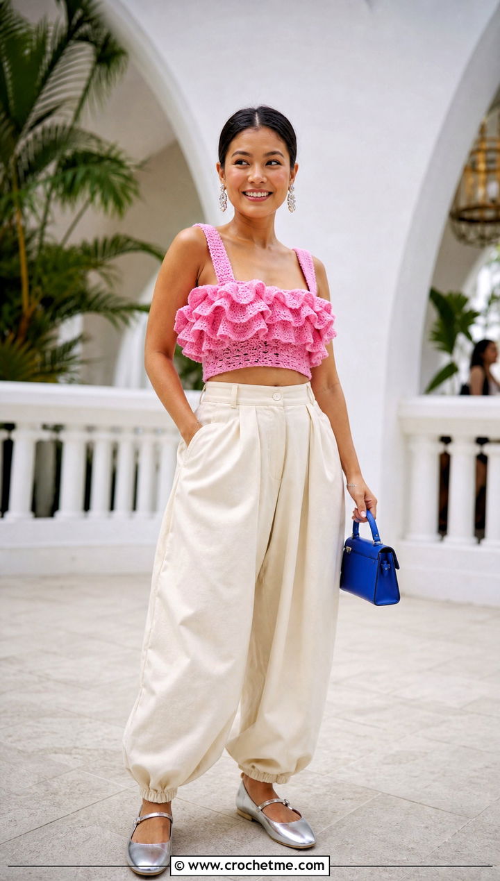 Peony Pink Crochet Ruffle Barbie Top With Balloon Pants - 30 crochet barbie top outfit ideas