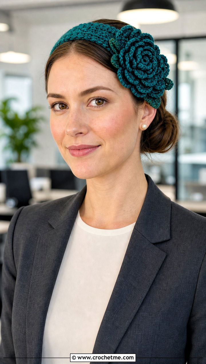 Peony Puff Flower Headband With Tailored Workwear - 25 crochet puff flower headband outfit ideas
